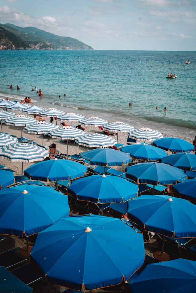 Monterosso Al Mare Beach Blue Umbrellas