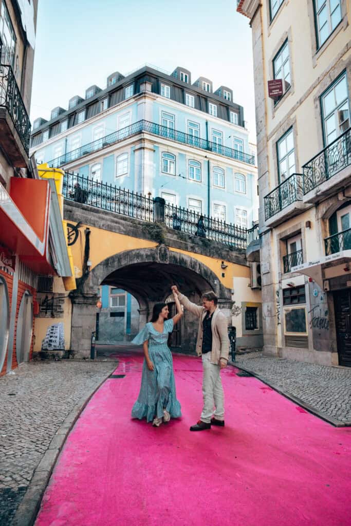 Couple Photo At Pink Street In Lisbon